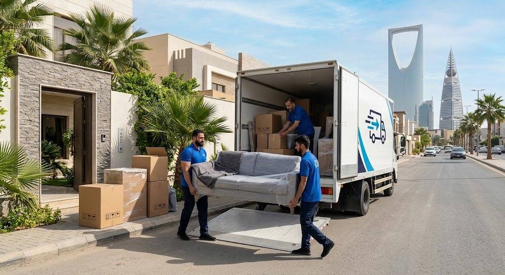 فريق عمل محترف يقوم بتغليف ونقل الأثاث بعناية فائقة ضمن خدمات نقل عفش العمرة بمكة لضمان حماية الممتلكات ووصولها بأمان تام وبدون أي خدوش.