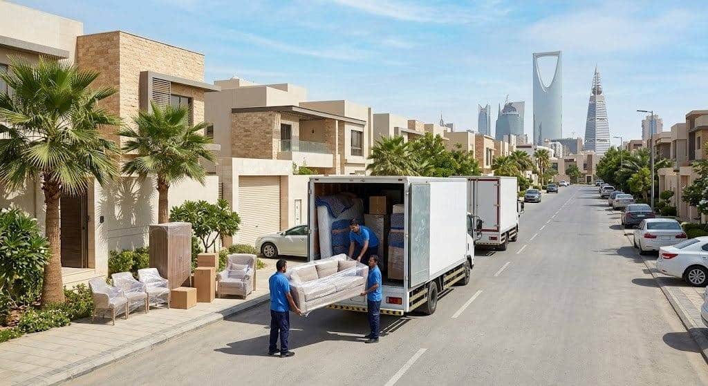 فريق عمل محترف يقوم بتغليف ونقل الأثاث بعناية فائقة ضمن خدمات نقل عفش حي العوالي بمكة لضمان حماية الممتلكات ووصولها بأمان تام وبدون أي خدوش.