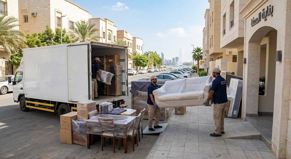 فريق عمل محترف يقوم بفك وتغليف ونقل الأثاث بعناية ضمن خدمات نقل عفش حي الحجون بمكة لضمان حماية المنقولات وسلامتها.