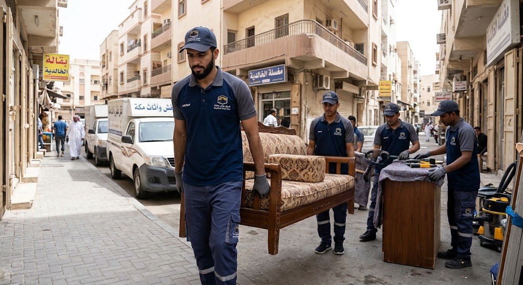 نقل عفش الخالدية بمكة، عمال متخصصون يفكون الأثاث ويغلفونه ويحمّلونه في شاحنة نقل مغلقة